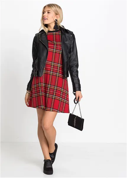 Robe courte en jacquard à carreaux et manches 3/4