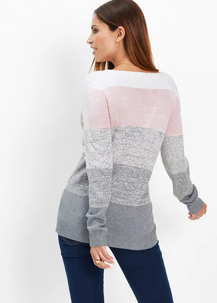 Pull Jaeger Rose Noir Gris Rayé - 100% Laine, Manches 3/4, Taille S, Occasion