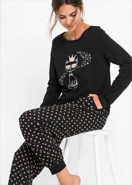 Pyjama avec bords-côtes noir imprimé
