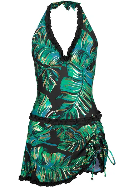 Robe de bain stylee avec ruches et maillot 1 piece integre noir vert dore floral