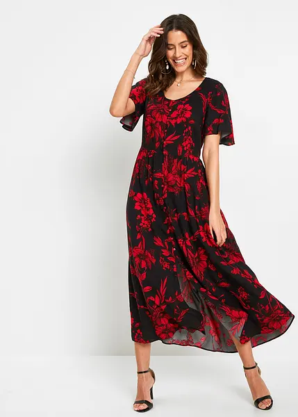 Robe longue elegante en viscose a imprime floral noir rouge floral