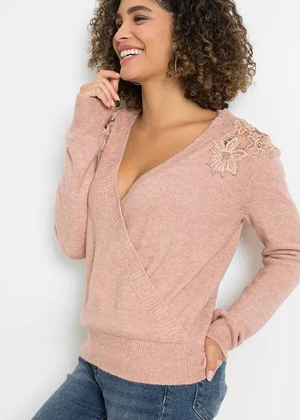 Pull confortable avec applications en dentelle rose vintage chiné