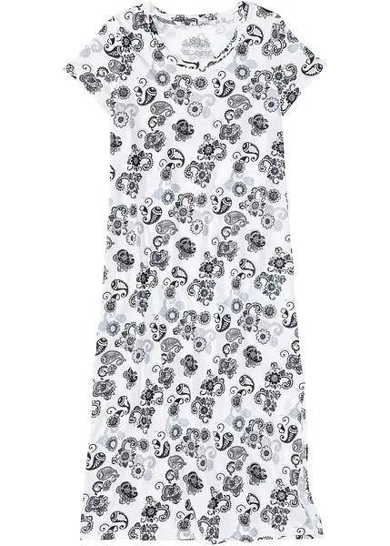 Chemise de nuit longue en coton confortable blanc casse motif gris