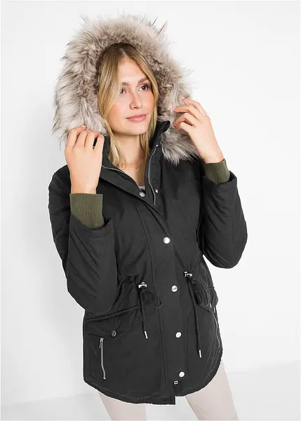 Belle parka doublee avec capuche et bordure imitation fourrure amovible