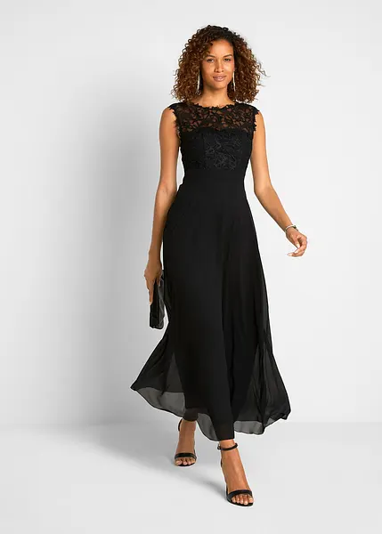 Robe de soiree chic avec decoupe dans le dos et empiecement en dentelle noir classique