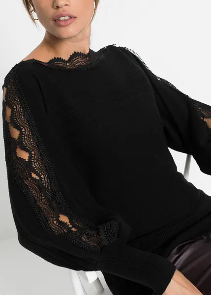 Pull Fille MONNALISA CHIC Noir Laine Mélangée Avec Bijou Et Dentelle - Taille S - Italie