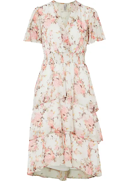 Robe midi a fleurs avec volants et decollete en V blanc a fleurs