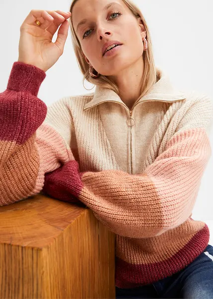 Rayure Magenta | Sweat-shirt à col zippé - Femme - Pur Coton Bio