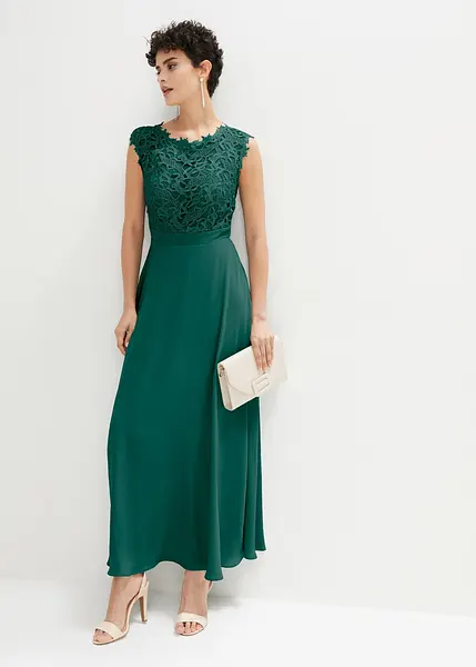 Robe de soiree chic avec decoupe dans le dos et empiecement en dentelle vert brillant classique