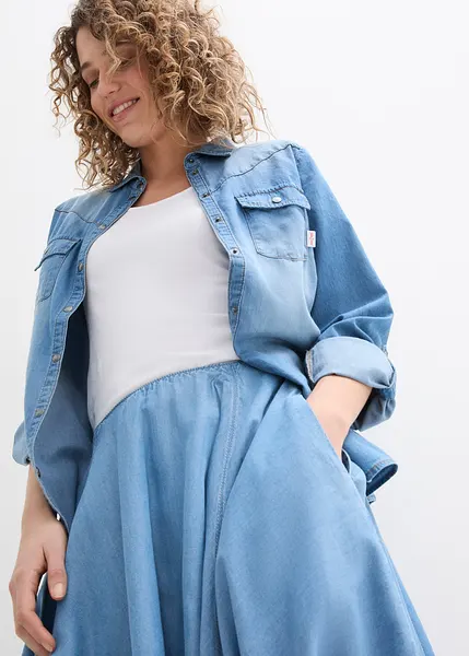 Jupe midi en Lyocell avec taille elastiquee et poches bleu clair denim