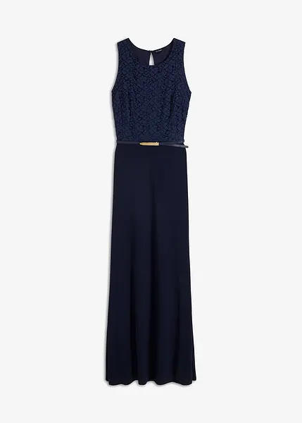 Robe de soiree sans manches avec dentelle et ceinture bleu fonce