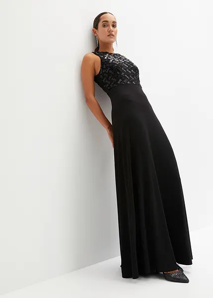 Elegante robe de soiree avec de belles applications de paillettes sur le haut noir classique