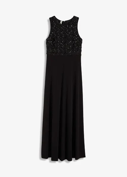 Elegante robe de soiree avec de belles applications de paillettes sur le haut noir classique