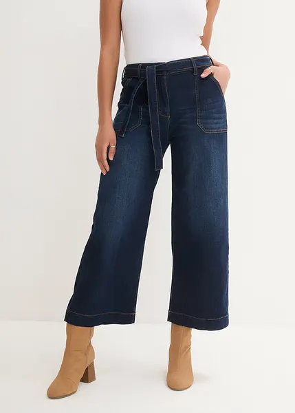 Jean 7 8 taille haute a ceinture nouee Loose Fit denim bleu nuit