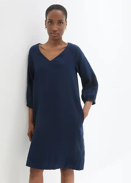 Robe courte et ample en lin a manches raglan bleu fonce