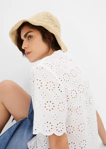 Chemisier Vintage Coton Blanc Broderie Anglaise - Taille S Manches Longues Occasion