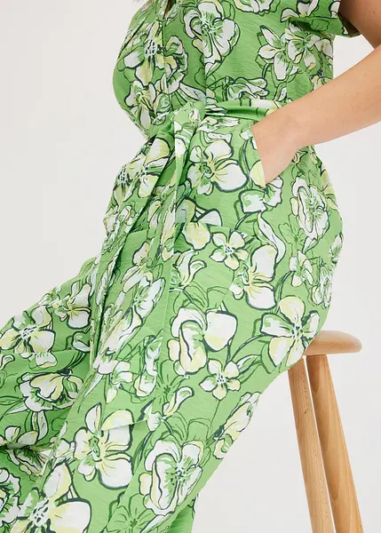 Combinaison Zara Manches Courtes Vert à Motifs Fleurs - Taille M, Avec Ceinture Lien - Neuf Avec étiquettes