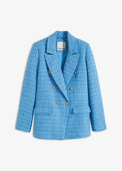 Blazer Chic BIBA Avec Boutons Bijoux - Taille 38, Couleur Beige Bleu Chiné