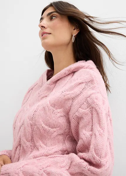 Pull Hiver Femme En Tricot Torsadé épais – Rose – Col V, Manches Longues – Tissu Doux Et Chaud – Taille XL