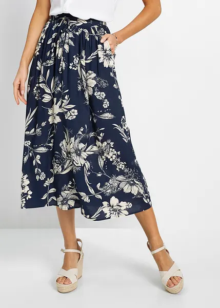 Jupe Midi Imprimée Bleu/Noir Et Doré - Élastique à La Taille Avec Poches - Taille 40 - Style Floral Rétro