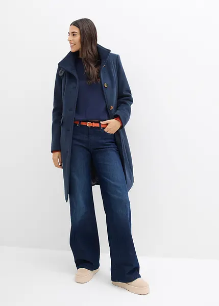 Pull en laine rouge rubis et bleu à col côtelé