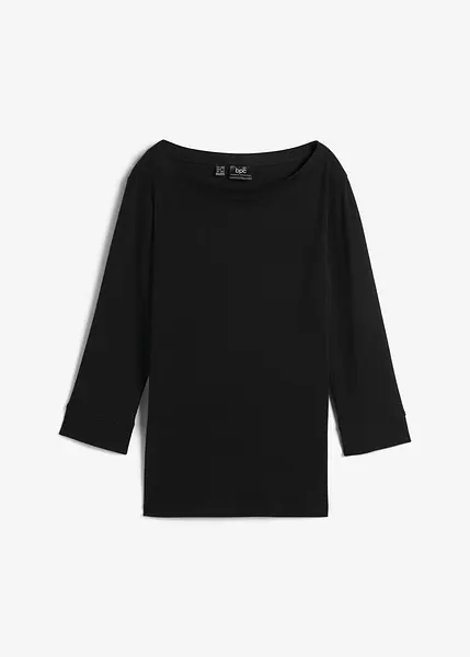 T-Shirt Femme Basique Noir Coton - Taille 42/44, Manches Longues, Encolure En Goutte Satinée (Neuf Sans Étiquette)