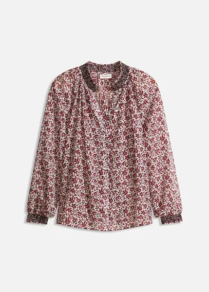 Chemise Femme Voile à Volants – Broderie Perles Argent – Rouge & Noir – Taille 44