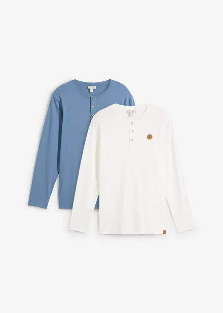 Lot de 2 T-shirts manches longues col tunisien 100% coton