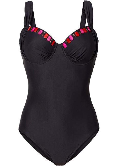 Maillot 1 pièce sculptant féminin avec jolies pierres décoratives - noir,  Bon. E