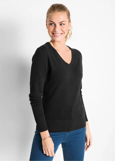 Pull col en V en fine maille, bonprix