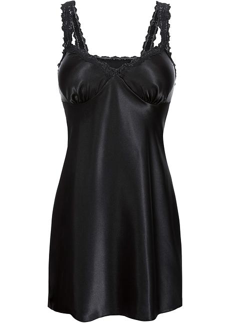 Nuisette Seduisante En Satin Brillant Et Decollete En V Agremente De Dentelle Noir