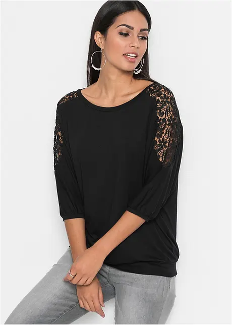 T-shirt oversize en viscose extensible et dentelle, bonprix