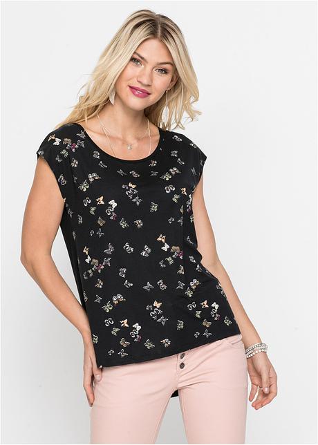 T-shirt avec coupe plus longue derrière que devant - noir imprimé papillon