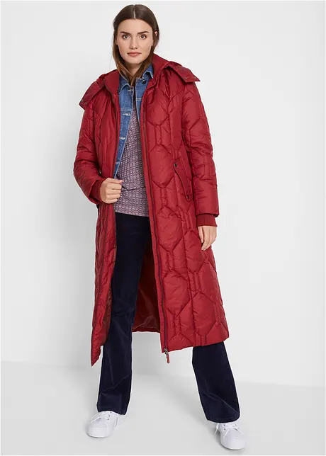 Leger manteau long matelasse avec surpiqures diamant rouge chataigne