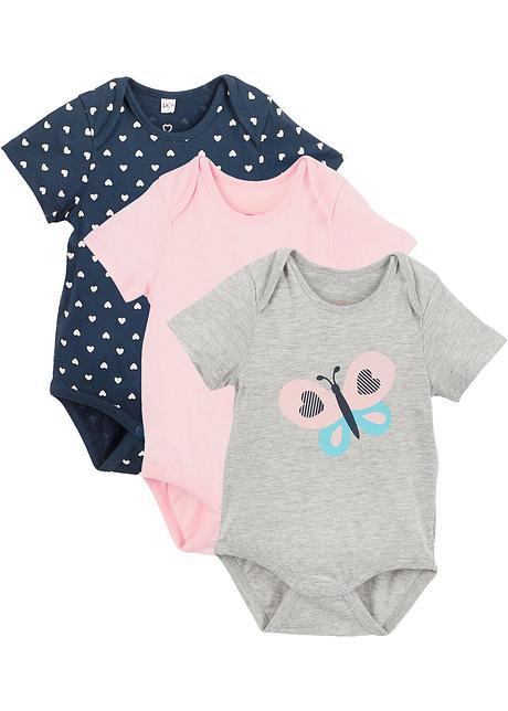 Lot De 3 Bodies Bebe Manches Courtes En Coton Bio Rose Quartz Bleu Fonce