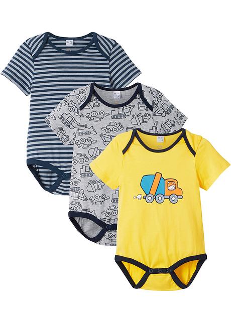 Lot De 3 Bodies Bebe Manches Courtes En Coton Bio Bleu Fonce Gris Clair Chine Jaune Tulipe