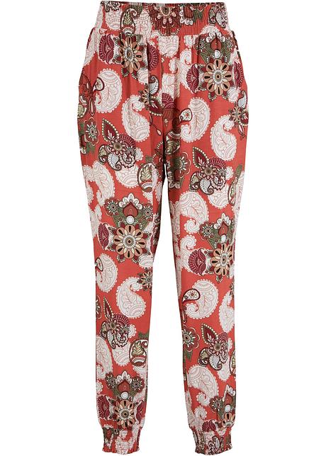 Joli Pantalon En Viscose Fluide Avec Taille Elastiquee Rouge Cannelle Imprime