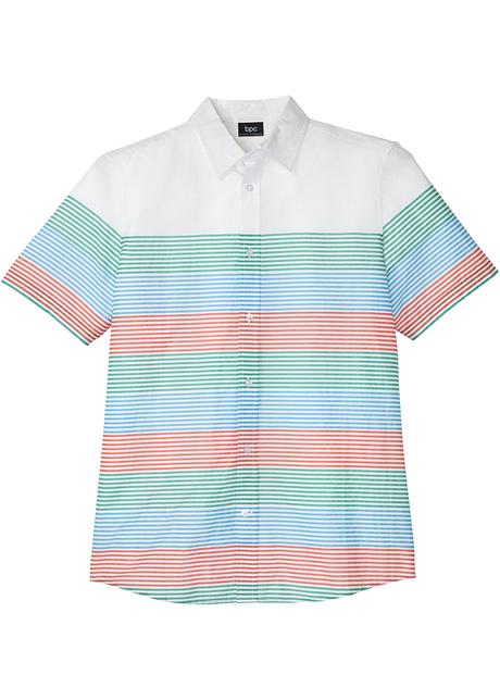 Chemise Homme A Manches Courtes Avec Rayures Colorees Blanc Imprime