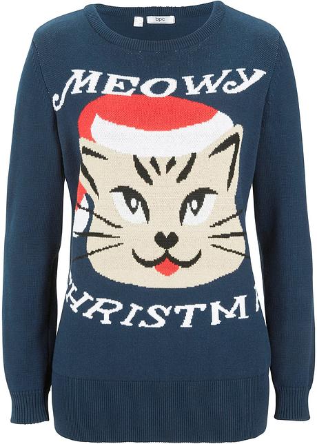 Pull De Noel Chat Bleu Fonce A Motif