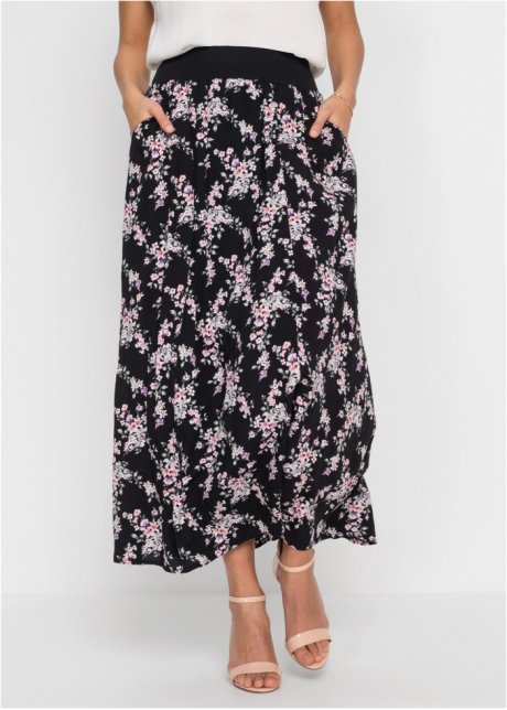 Jupe longue moderne avec empiècement élastique à la taille et poches  latérales - noir/rose à fleurs