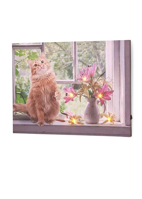 Tableau Lumineux Avec Chat Et 5 Led Vert Beige