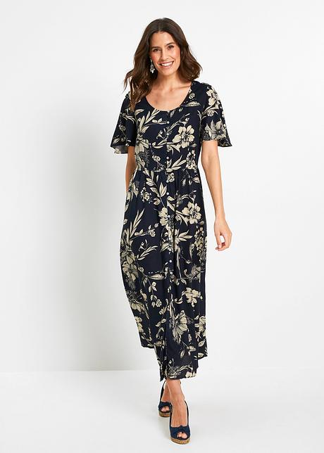 Robe longue élégante en viscose à imprimé floral - bleu foncé/beige galet floral