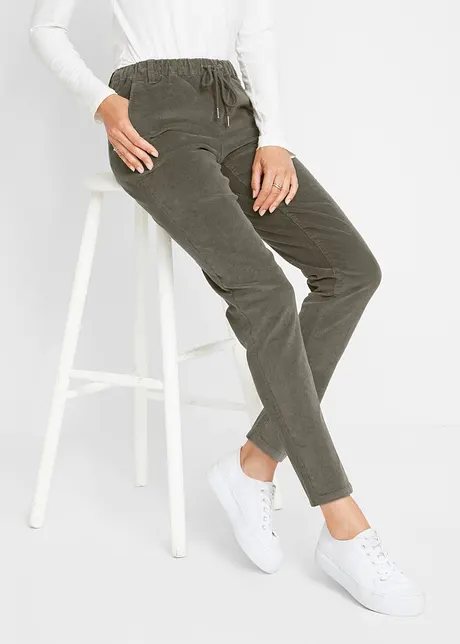 Pantalon extensible avec cordon de serrage à la taille, poches latérales - olive foncé, petite