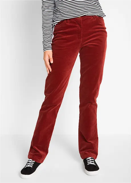 Pantalon extensible en velours côtelé doux, jambe étroite - rouge châtaigne, classique