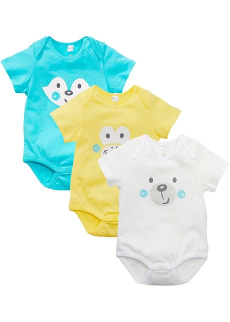 Lot De 3 Bodies Bebe Manches Courtes En Coton Bio Bleu Ciel Blanc Casse Citron Clair