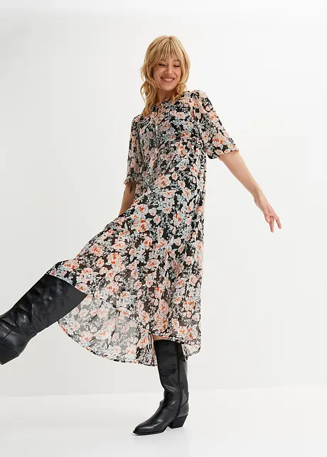 Robe midi mode à motif en chiffon - noir à fleurs