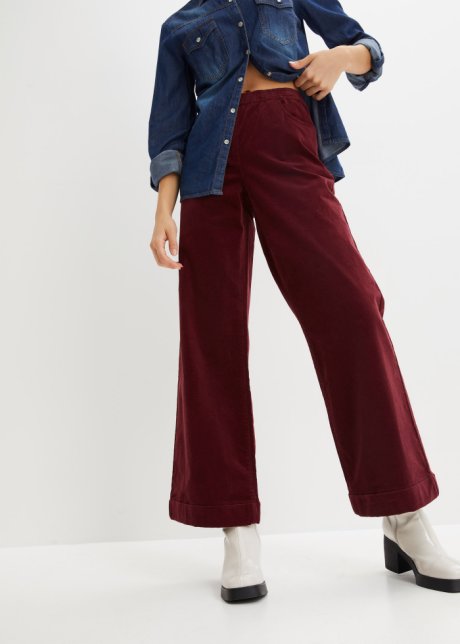 Pantalon large tendance en velours côtelé avec taille élastiquée confortable - rouge érable