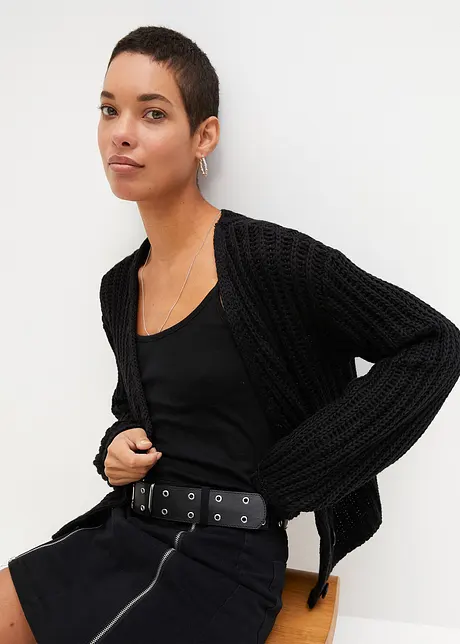 Cardigan en grosse maille à manches bouffantes en bas et épaules descendues - noir