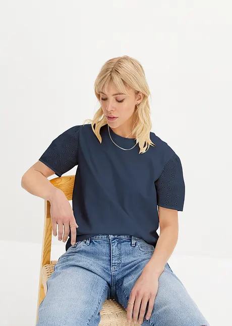 T-shirt tendance avec broderie ajourée aux manches - bleu foncé