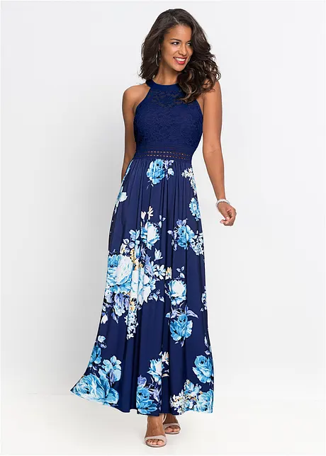 Robe longue estivale avec imprimé floral et dentelle, bonprix